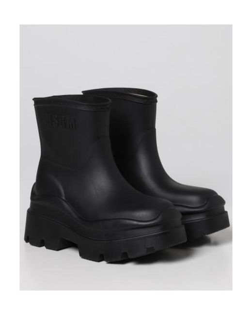 MSGM Black Logo-Embossed Round-Toe Ankle Boots