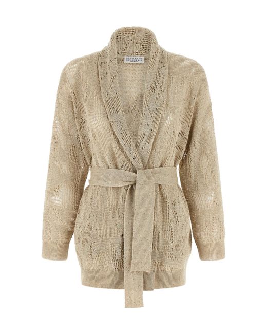 Brunello Cucinelli Natural Crochet Belted Cardigan