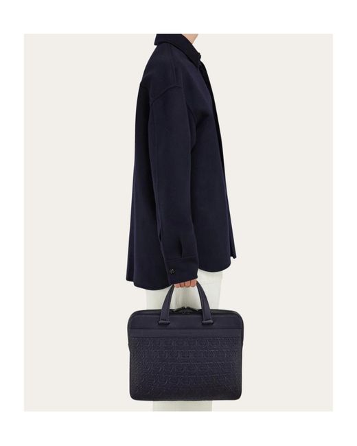 Ferragamo Blue Embossed Gancini Briefcase (S) for men
