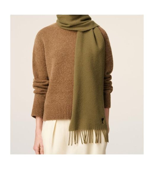AMI Green Logo Detailed Fringed Edge Scarf for men