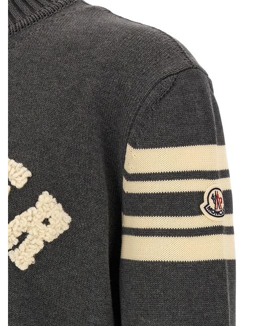 Moncler Gray Logo-Embroidered Striped-Sleeve Sweater for men