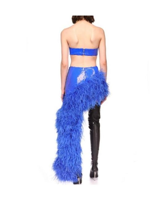 David Koma Blue Asymmetrical Skirt With Feather Details