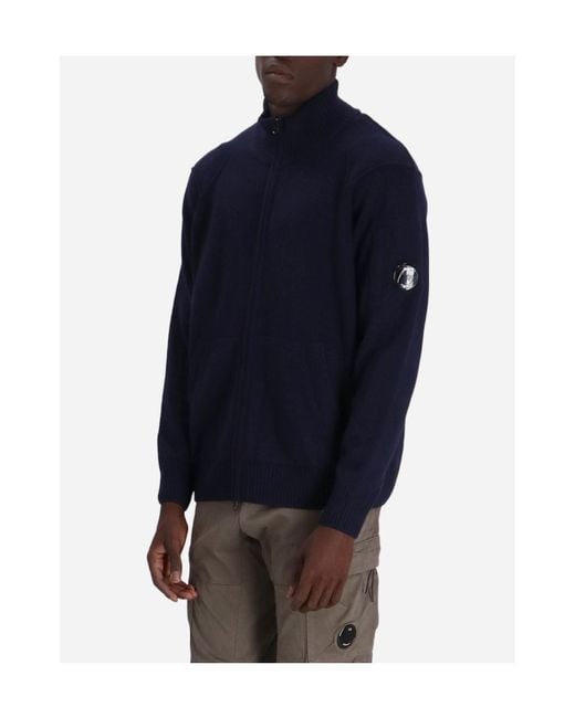 C P Company Blue Lens Detailed Zip-Up Knitted Cardigan for men