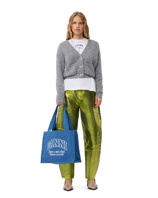 Ganni Blue Logo Embroidered Denim Tote Bag