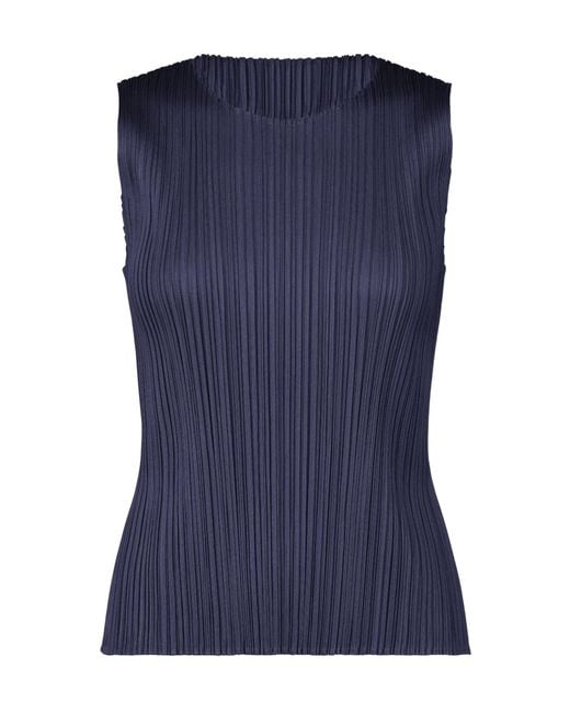 Pleats Please Issey Miyake Blue Sleeveless Round-Neck Top