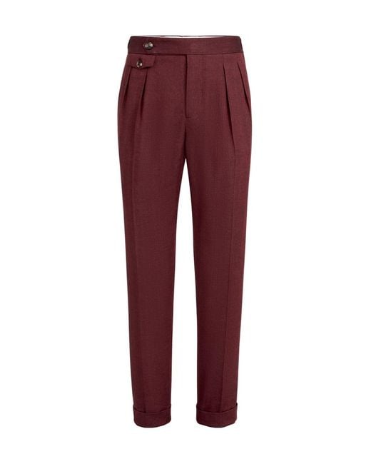 Brunello Cucinelli Red Linen And Virgin Wool Chevron Trousers With Double Pleats And Waist Tabs for men