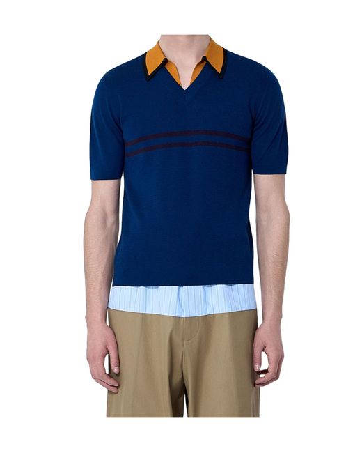 Dries Van Noten Blue Striped Collared Knitted Top for men