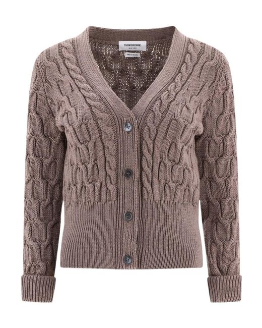 Thom Browne Brown Crisscross Cable Knit V-Neck Cardigan