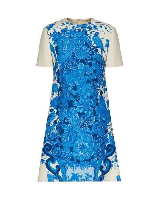 Valentino Blue Floral Print Short-Sleeve Dress
