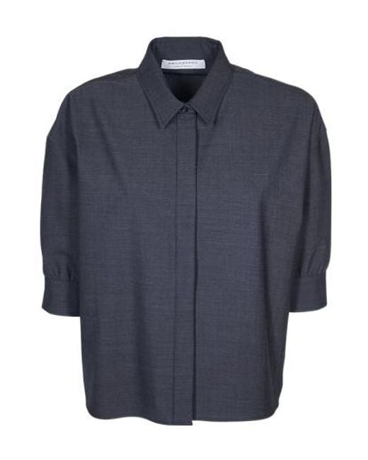 Philosophy Di Lorenzo Serafini Blue Straight Hem Puff-Sleeved Shirt