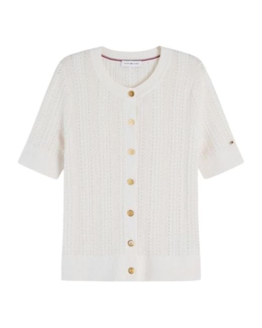 Tommy Hilfiger White Cable-Knit Short-Sleeve Cardigan