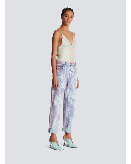 Balmain Blue Palm Tree Denim Boyfriend Jeans