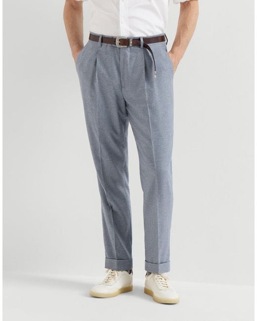 Brunello Cucinelli Gray Cashmere And Silk Houndstooth Flannel Trousers With Pleat for men