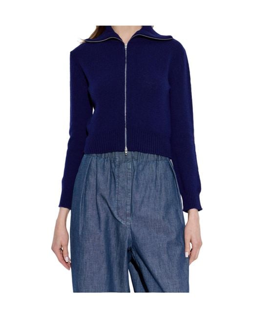 Jil Sander Blue Zip-Up Wide-Collar Cardigan