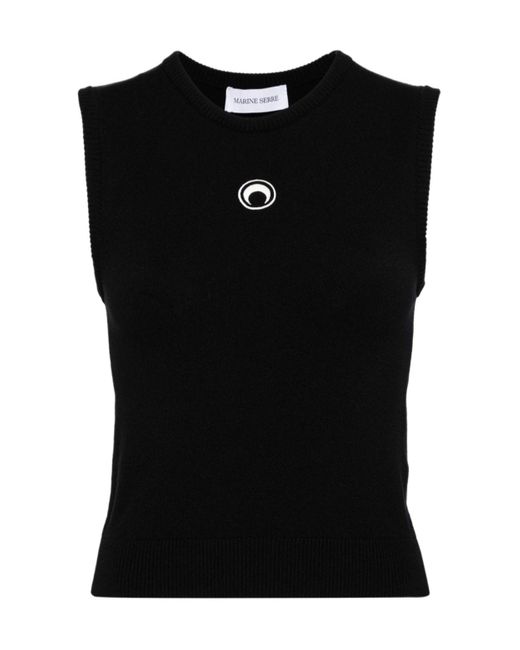 MARINE SERRE Black Sleeveless Ribbed Knitted Top
