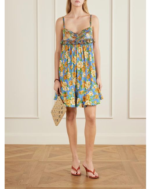 Rabanne Blue Rabanne Floral-Printed Ruched Mini Dress
