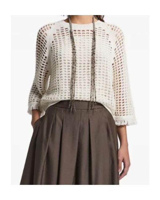 Peserico White Open-Knit Fringed Knitted Jumper