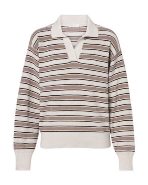 Brunello Cucinelli Gray Striped Cotton-Blend Polo Sweater