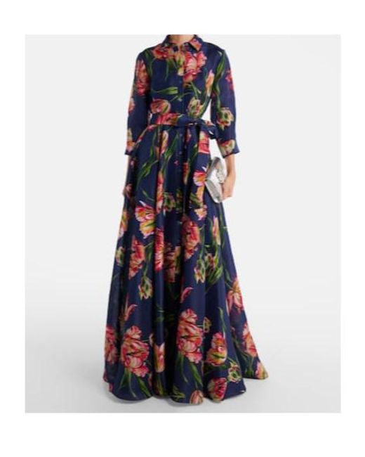Carolina Herrera Blue Floral Gazar Gown