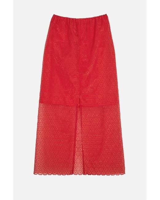 CECILIE BAHNSEN Red Bala Floral-Lace Midi Skirt