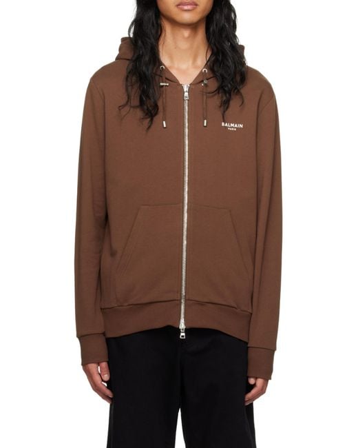 Balmain Brown Zipped Logo Printed Hoodie for men