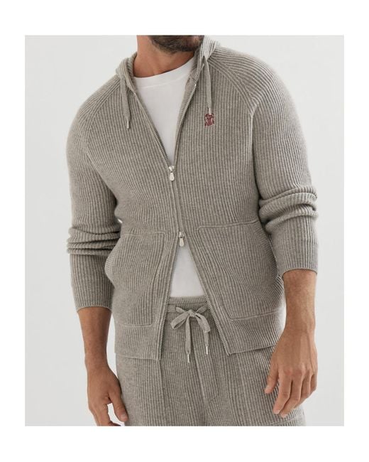 Brunello Cucinelli Gray Cashmere English Rib Hooded Knit Sweatshirt With Logo And Zipper for men