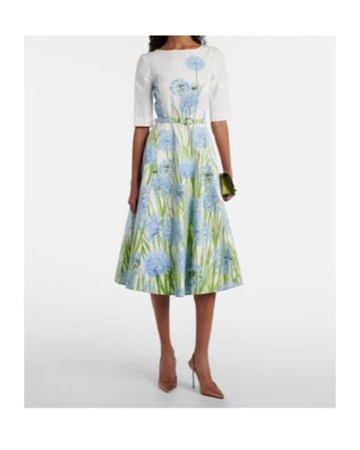 Oscar de la Renta Blue Floral Cotton-Blend Poplin Midi Dress