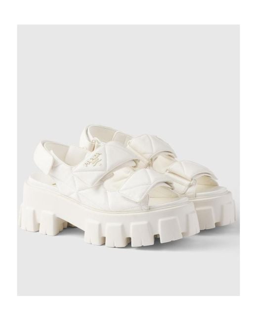 Prada White Triangle-Logo Quilted Chunky Sandals