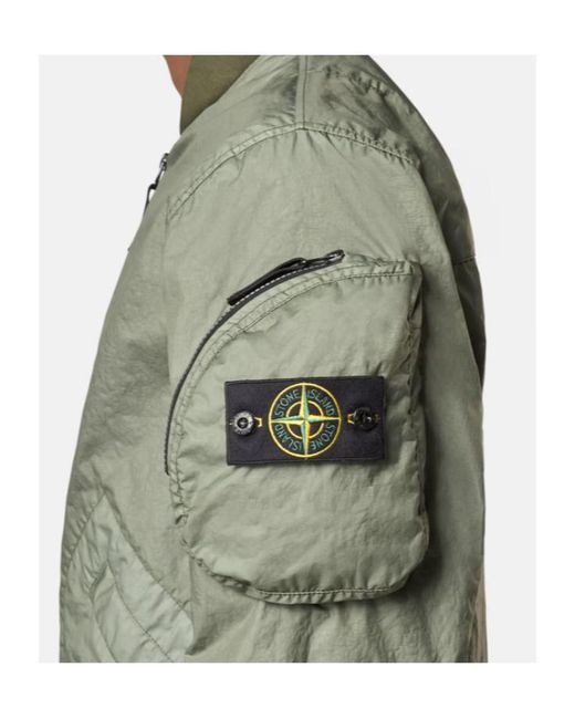 Stone Island Green Lightweight Crinkled Texture Bomber Jacket With Flap Pockets for men