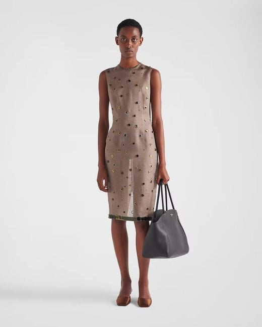 Prada Brown Eyelet-Embellished Sleeveless Dress