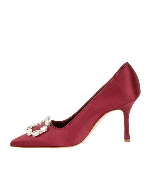 Manolo Blahnik Red Satin Embellished Buckle Pumps