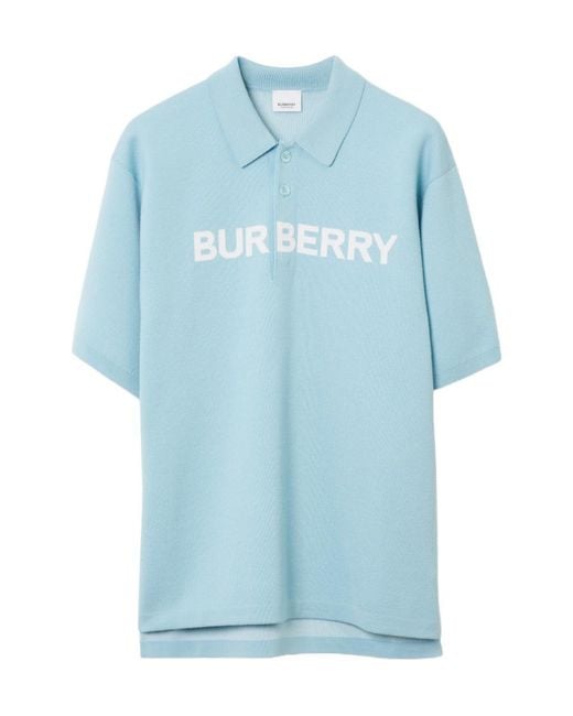 Burberry Blue Logo Detail Wool Cotton Polo Shirt for men