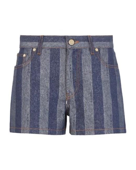 Fendi Blue Logo Embroidered Striped Denim Shorts