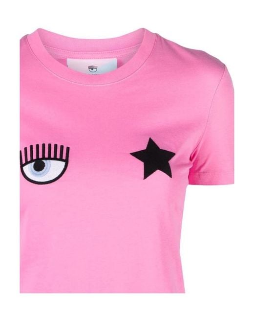 Chiara Ferragni Pink Logo Embroidered Crewneck T-Shirt
