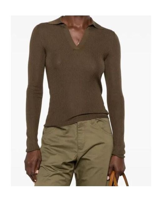 Max Mara Brown Ribbed-Knit Polo Sweater