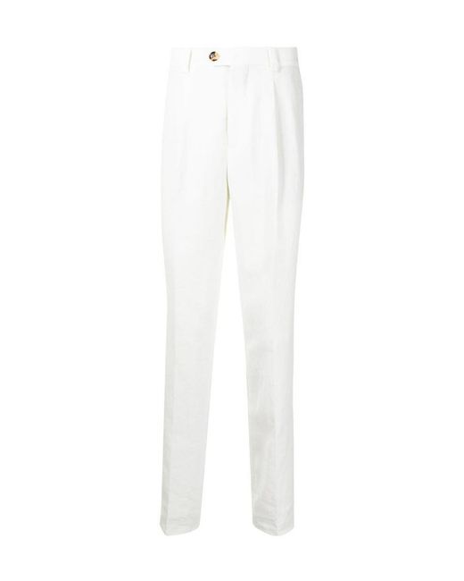 Brunello Cucinelli White Pleat-Detailing Linen Tapered Trousers for men
