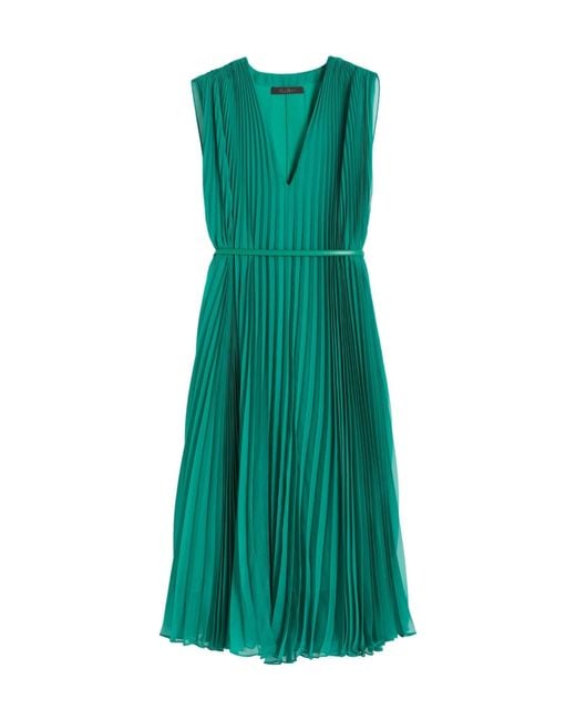 Max Mara Green Pleated Belted Dress