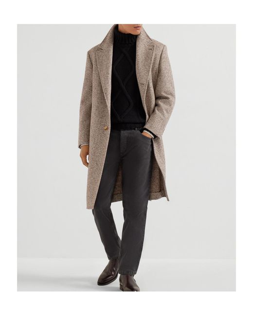 Brunello Cucinelli Brown Chevron-Pattern Single-Breasted Coat for men