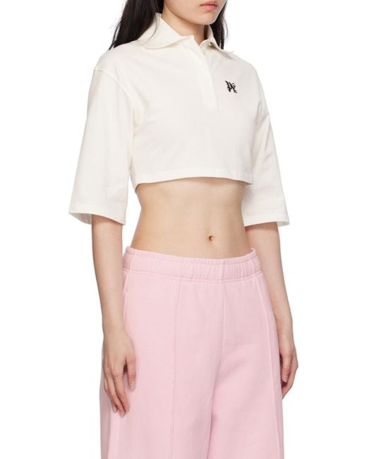 Palm Angels White Monogram Embroidered Cropped Polo Shirt