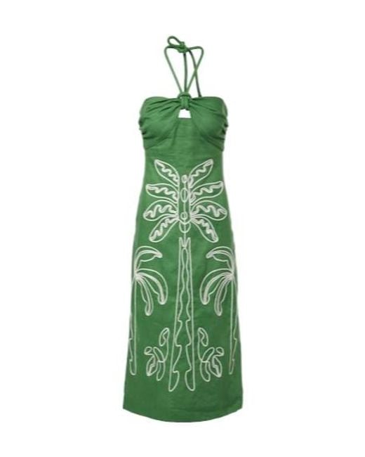 Farm Rio Green Embroidered Halterneck Linen Midi Dress