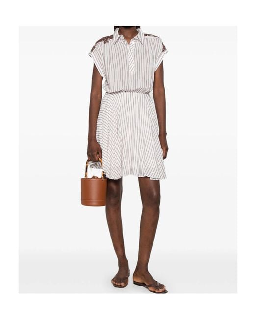 ERMANNO FIRENZE White Lace-Trimmed Striped Mini Shirt Dress