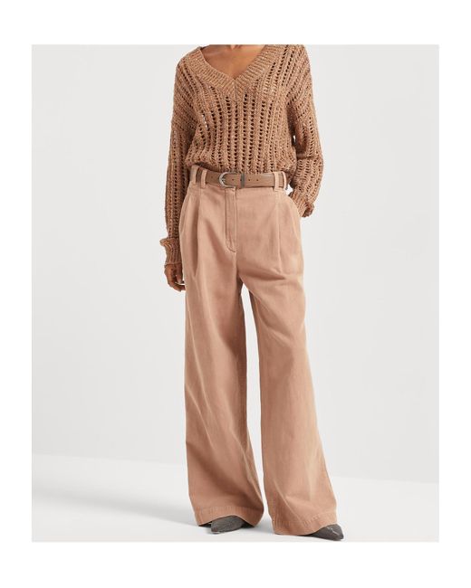 Brunello Cucinelli Natural Pleated Wide-Leg Trousers