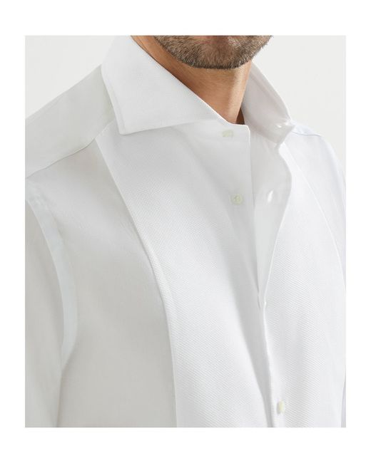 Brunello Cucinelli White Sea Island Cotton Twill Basic Fit Shirt With Point Collar And Pleated Bib And Cuffs for men