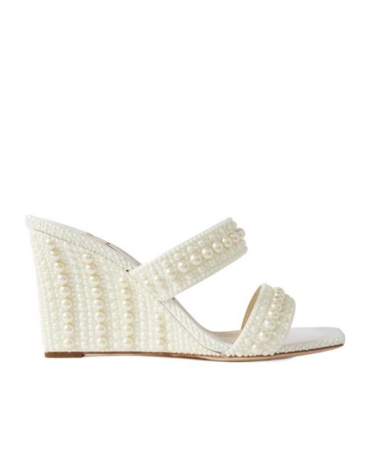 Jimmy Choo White Pearl-Embellished Satin Wedge Sandals
