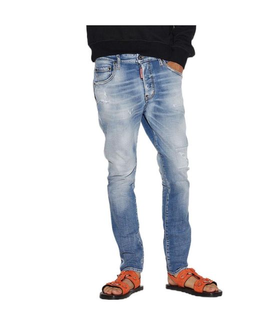 DSquared² Blue Logo Patch Distressed Slim-Fit Jeans for men