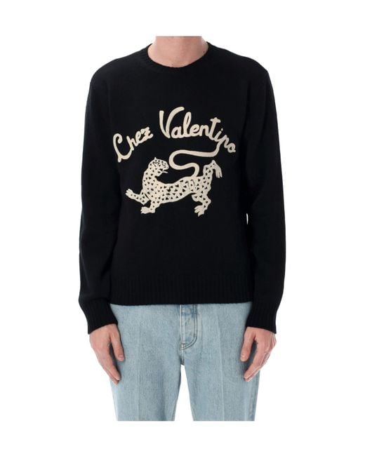 Valentino Black Animal Embroidered Crewneck Jumper for men