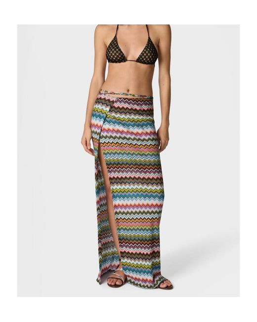 Missoni Green Pixel-Effect Micro Zigzag Pattern Lamé Viscose Long Pareo Skirt