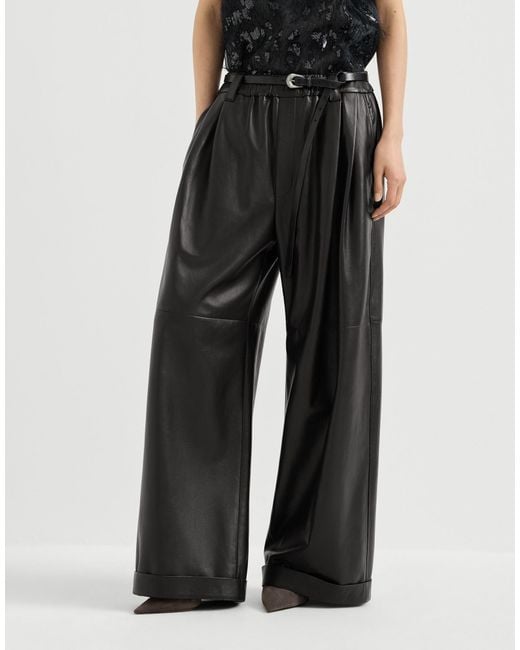 Brunello Cucinelli Black Nappa-Leather Baggy Trousers