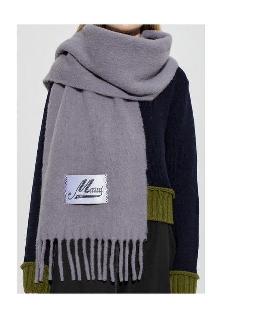 Marni White Logo Patch Fringed-Edge Scarf