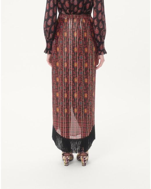 Valentino Purple Fringed Floral-Print Maxi Skirt